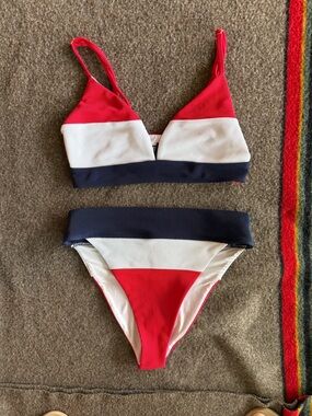 Beach Riot Red White Navy Rib-Knit Colorblock swim top/bottom
